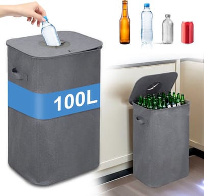 Statiegeld container, Recycle afvalbak, Prullenbak - 100L - Met deksel - Voor lege flessen en blikjes - Flessen, Blikjes & Glasbak in Één | Grijs