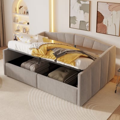 DESMIU Gestoffeerd Slaapbankbed 140x200 cm – Hydraulische Opbergruimte – Lattenbodem En Armleuningen – Zonder Matras – Woonkamer Slaapkamer – Lichtgrijs