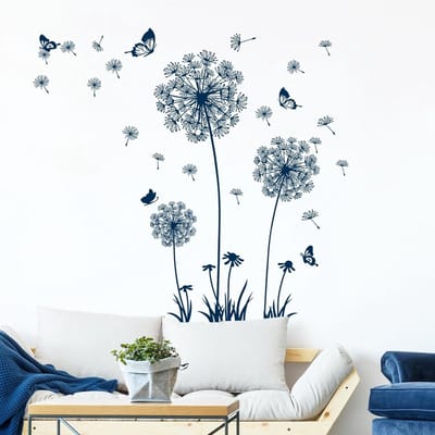 Mooie Blauwe Paardenbloem Muurstickers met Vlinders voor Woonkamer, Slaapkamer en Kantoor - Decoratieve Wanddecoratie voor Thuis