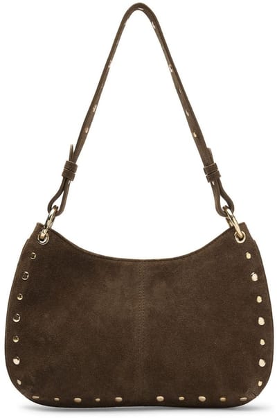 Manfield - Donker bruin suède schoudertasje met gouden studs