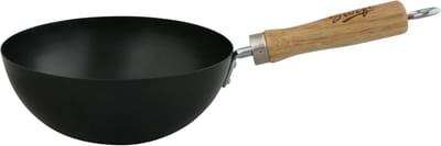 Wok met anti-aanbaklaag - Roerbakpan Koekenpan - Snelle maaltijden bereiden - Koolstofstaal met hout - 20 cm - Zwart
