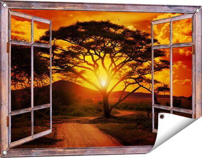 Gards Tuinposter Doorkijk Zonsondergang Achter een Savanne Boom - 90x60 cm - Tuindoek - Tuindecoratie - Wanddecoratie buiten - Tuinschilderij