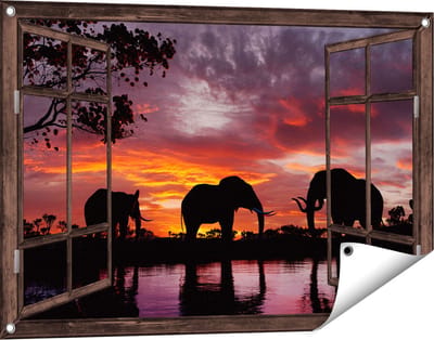 Gards Tuinposter Doorkijk Olifanten tijdens Zonsondergang - Silhouet - 90x60 cm - Tuindoek - Tuindecoratie - Wanddecoratie buiten - Tuinschilderij