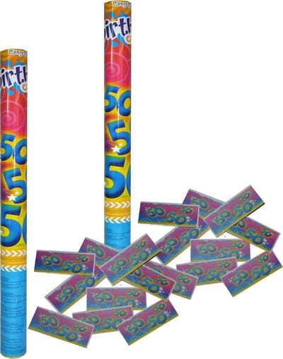 Funny Fashion confetti shooter/kanon - 2x - verjaardag 50 jaar - papier - multi kleuren - 59 cm - leeftijd feestartikelen