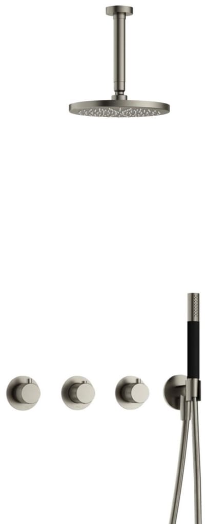 Hotbath Cobber X IBSX70 inbouw regendoucheset met staafhanddouche aan houder en 20cm ronde hoofddouche aan 15cm plafondarm geborsteld nikkel