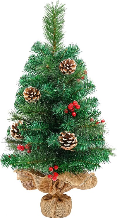 Uten Luxe uitvoering Mini Kerstboom - Mini kerstboom met decoratie - Dennenappels en Besjes - kleine kerstboom - 70 Takken - H60 x Ø44 cm