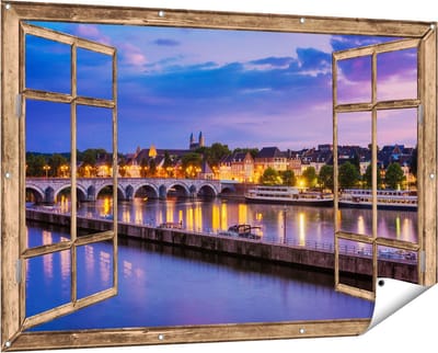 Gards Tuinposter Doorkijk Maastricht Maas Rivier bij de Sint Servaasbrug - 150x100 cm - Tuindoek - Tuindecoratie - Wanddecoratie buiten - Tuinschilderij