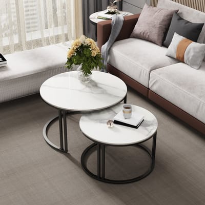 FATIVO Salontafels Rond - stapelbare Bijzettafel - set van 2 - wit Marmer Look - zwart metalen frame - Ø70 & Ø57cm