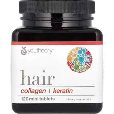 Youtheory, haar, collageen + keratine, 120 minitabletten