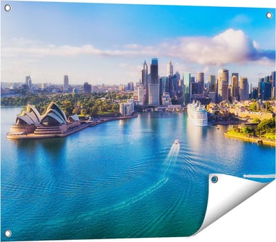 Gards Tuinposter Sydney Stad bij de Haven - 80x60 cm - Tuindoek - Tuindecoratie - Wanddecoratie buiten - Tuinschilderij