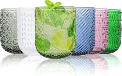 Set van 6 Kleurrijke Vintage Waterglazen met Gegraveerde Strepen voor Sap, Bier en Cocktails, Perfect voor Picknicks, Kamperen en Strandactiviteiten