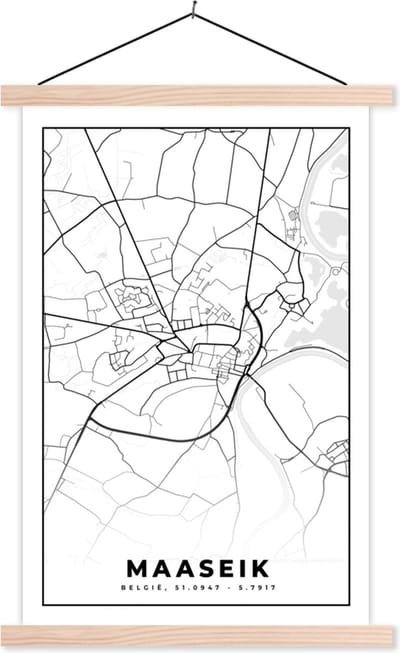 Posterhanger incl. Poster 40x60 cm - Schoolplaat - Stadskaart – Zwart Wit - Kaart – Maaseik – België – Plattegrond - Textielposter - Blanke latten - Stadskaart