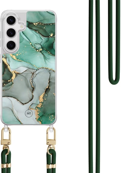 Hoesje met koord geschikt voor Samsung Galaxy S24 - Marble Design - Inclusief Groen koord - Crossbody beschermhoes - Transparant, Grijs, Groen - Mooie Telefoonhoesjes