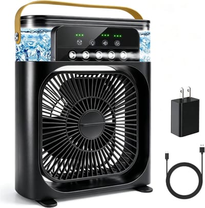 Draagbare airconditioner met ventilator, mini-verdampingskoeler met 5 sproeimondstukken, 3 windsnelheden, 3 timers, 7 kleuren LED-verlichting, 600 ml persoonlijke airconditioner/ventilator voor slaapkamer, kantoor en camping (zwart)