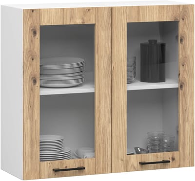 Vitrinekast, Keukenkast modulaire OLIWIA W80 H720 met 2 Deuren / Hangkast / Bovenkast / AKORD Furniture Factory / Wit - Arisan Eik / 80 x 72 x 30 cm
