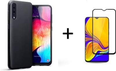 Ntech Hoesje Silicone Hoesje Flexible & Scratch Resistent TPU Case Hoesje Geschikt Voor Samsung Galaxy A50 - Zwart + Full Cover Glazen Screenprotector Zwart