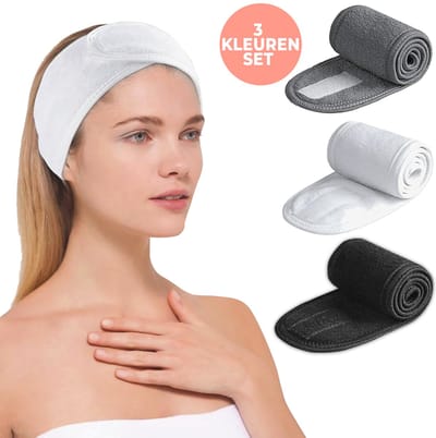 SIMIA™ Premium Verstelbaar Badstof Hoofdband - Haarband - Badstoffen Bandeau - Make Up - Schoonheidsspecialist - Professioneel en Thuisgebruik - 3 STUKS - MIX - Wit, Grijs en Zwart