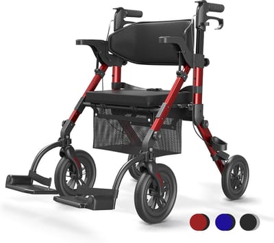 Lichtgewicht 2-in-1 rolstoel en rollator, opvouwbaar met rubberen buitenbanden, geschikt voor elke ondergrond