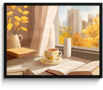 Poster in lijst - Fotolijst 70x50 cm - Posters - Thee - Boek - Thee - Herfst - Posterlijst zwart - Decoratie - Wanddecoratie woonkamer - Muurdecoratie slaapkamer