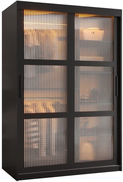 Zweefdeurkast Kledingkast met 2 schuifdeuren glanzen slaapkamerkast Kledingstang met planken Garderobekast met geribbeld glas - ARTON (120 cm, Zwart)