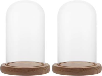 Set van 2 Transparante Glazen Klokken met Houten Basis, 15 cm Hoog, Perfect voor Poppen, Tafeldecoratie en Antiek Verzamelingen