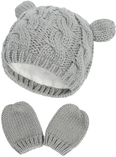 Baby Muts en Wanten - Grijs - Beertje - Kinder Muts met Katoenen Voering - 3-6 maanden (Maat M) - Kindermuts - Wanten - Winter