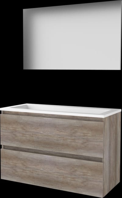 Basic-Line Basic 46 Badkamermeubelset - 100 x 46 cm - Greeploos - 2 Lades - Acryl Wastafel - Zonder Kraangat - Spiegel - Scotch Oak