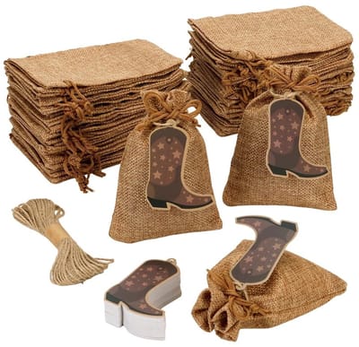 Dailygoods- Geschenkzakjes 50 stuks - Herbruikbare Polyester Jute Trekkoord Tassen - Cowboy Boot Tags - Westerse Stijl - 13,5 x 9,5 cm - Perfect voor Bruiloft en Feesten - Cadeautassen