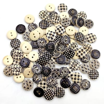 Zwart wit houten knopen set 50 stuks kleding knopen dames en heren rond 2 gaats knopen 15 mm met geruite en grafische patronen voor naaien knutselen en decoratie