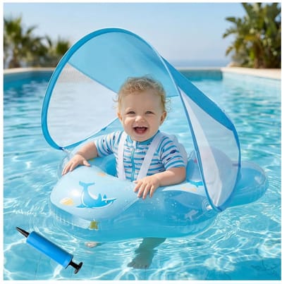 BIXc®- Babyzwemring met zonnedak UPF50+, luchtbed, met luchtpomp, kindvriendelijke, voor kinderen.