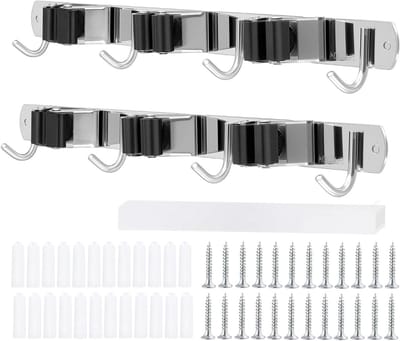 Set van 2 Wandbevestigingen voor Bezems - RVS Bezemhouder met 3 Houder en 4 Haken - Ideaal voor Keuken, Badkamer en Garage, Ruimtebesparende Organizer
