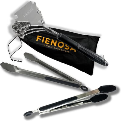 Fienosa Geschenkset BBQ Accessoires set - BBQ Borstel - BBQ tang RVS - BBQ tang Siliconen - Set van 3 - Keukentang - Barbecue Accessoires - Salade tang – Barbecue tang - Combinatie BBQ accessoires - Voordeelpakket - BBQ tangen set