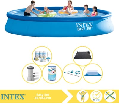 Intex Rond Opblaasbaar Easy Set Zwembad - 457 x 84 cm - Blauw - Inclusief Pomp - Onderhoudspakket - Filter - Grondzeil - Schoonmaakset - Solar Mat - 7-delig