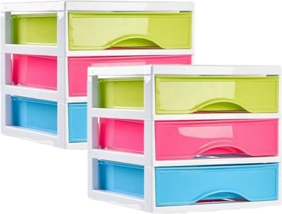 Plasticforte ladeblokje - bureau organizer - 2x - met 3 lades - transparant/mix kleuren - L18 x B21 x H17 cm - kunststof
