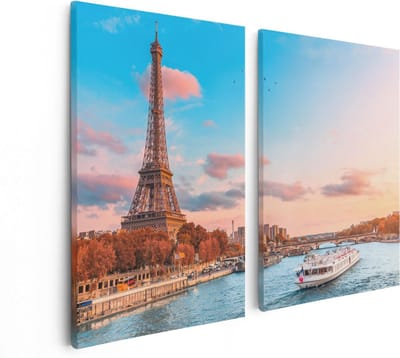 Artaza Canvas Schilderij Tweeluik Eiffeltoren In Parijs Aan Het Water - 80x60 - Foto Op Canvas - Canvas Print