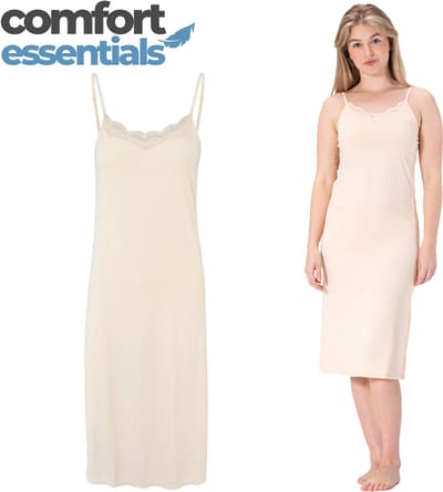 Comfort Essentials - Onderjurk Beige - Lang Met Kant - L/XL - EU 40-42 - Spaghetti Bandjes - Nachthemd -Nachtjapon - Microfiber - Slipdress - Anti-statisch