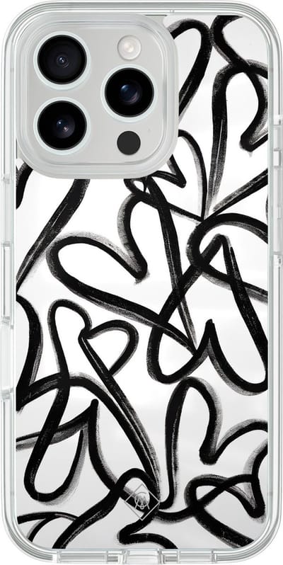 Casimoda® hoesje - Geschikt voor iPhone 16 Pro - Midnight Hearts - 2-in-1 case - Schokbestendig - Illustratie - Verhoogde randen - Zwart, Transparant