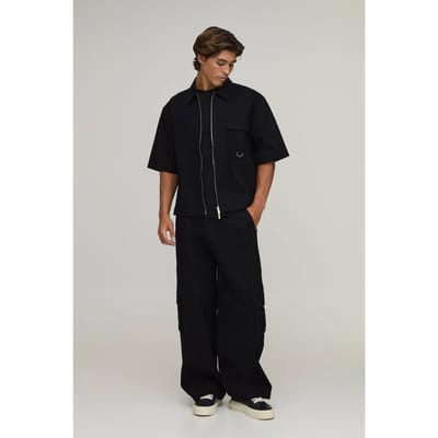Oversized Overshirt Met Korte Mouwen & Wijde Cargo Broek Set | Black | Size Medium