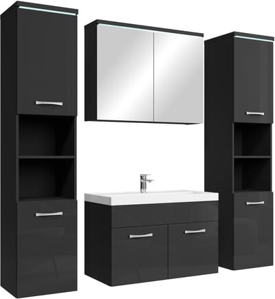 Badplaats Badkamermeubel Set Paso XL 80 x 40 cm – Zwart Hoogglans – Badmeubel met Spiegelkast en Zijkasten