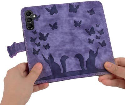 BookCover Hoes Etui geschikt voor Samsung Galaxy A37 - A56 - A36 - Vlinders en Kat - Paars - Reliëf