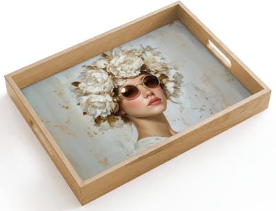 Dienblad hout 40x30 cm - Schootdienblad - Schilderij - Vrouw - Zonnebril - Bloemenkrans - Borrelplank rechthoek - Plateau dienbladen