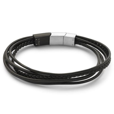 Twice As Nice Armband in edelstaal, zwart leer Zwart 21cm+1cm