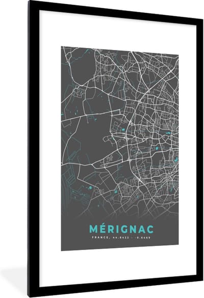 Fotolijst incl. Poster - Mérignac – Plattegrond – Frankrijk – Kaart – Stadskaart - 60x90 cm - Posterlijst