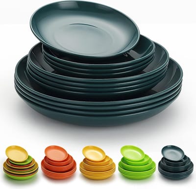 Kunststof bordenset, 12 stuks, platte borden, 3 maten, 15,5/19,5/23,5 cm, onbreekbaar herbruikbaar servies voor alle doeleinden en elke leeftijd, magnetronbestendig, vaatwasmachinebestendig