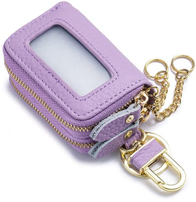 Echt lederen sleuteletui met dubbele ritssluiting - Heuptasje van hoogwaardig rundleer - Unisex - Sleutelhouder - Draagbaar -Autosleutel leren etui - autosleutel unisex leren etui met transparante rits en venster -Paars
