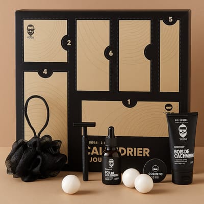 Heren Verzorgingsset – 6-Delige Cadeaubox met Douchegel, Baardolie, Scheermes en Badaccessoires – Heren Adventskalender – Houtachtige Geur – Cadeau voor Mannen – Zwart