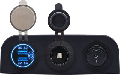 ProRide 12V USB Autolader 2 Poorten - QC3.0 - Drievoudig opbouw paneel - Sigaretten stopcontact en Schakelaar