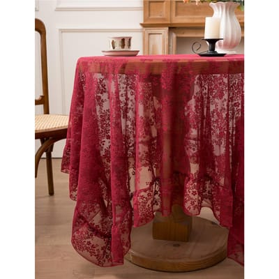 Vintage Bordo Rood Kant Tafelkleed, Rond Tafelkleed met Bloemenborduursel voor Franse Landelijke Eetkamer, Bruiloft, Woondecoratie 140x140cm