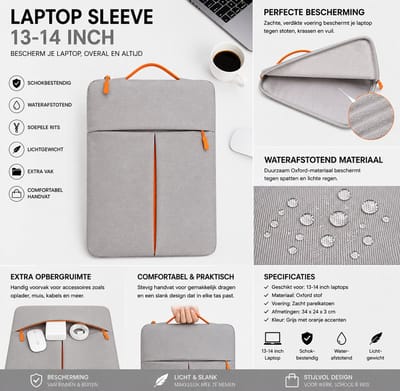 Laptop Sleeve 13-14 Inch - Laptophoes met Handvat - Waterafstotend - Schokbestendig - Voorvak voor Accessoires - Lichtgrijs