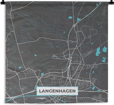 Wandkleed - Wanddoek - Langenhagen – Stadskaart – Blauw – Plattegrond – Stadskaart – Kaart - Duitsland - 180x180 cm - Wandtapijt